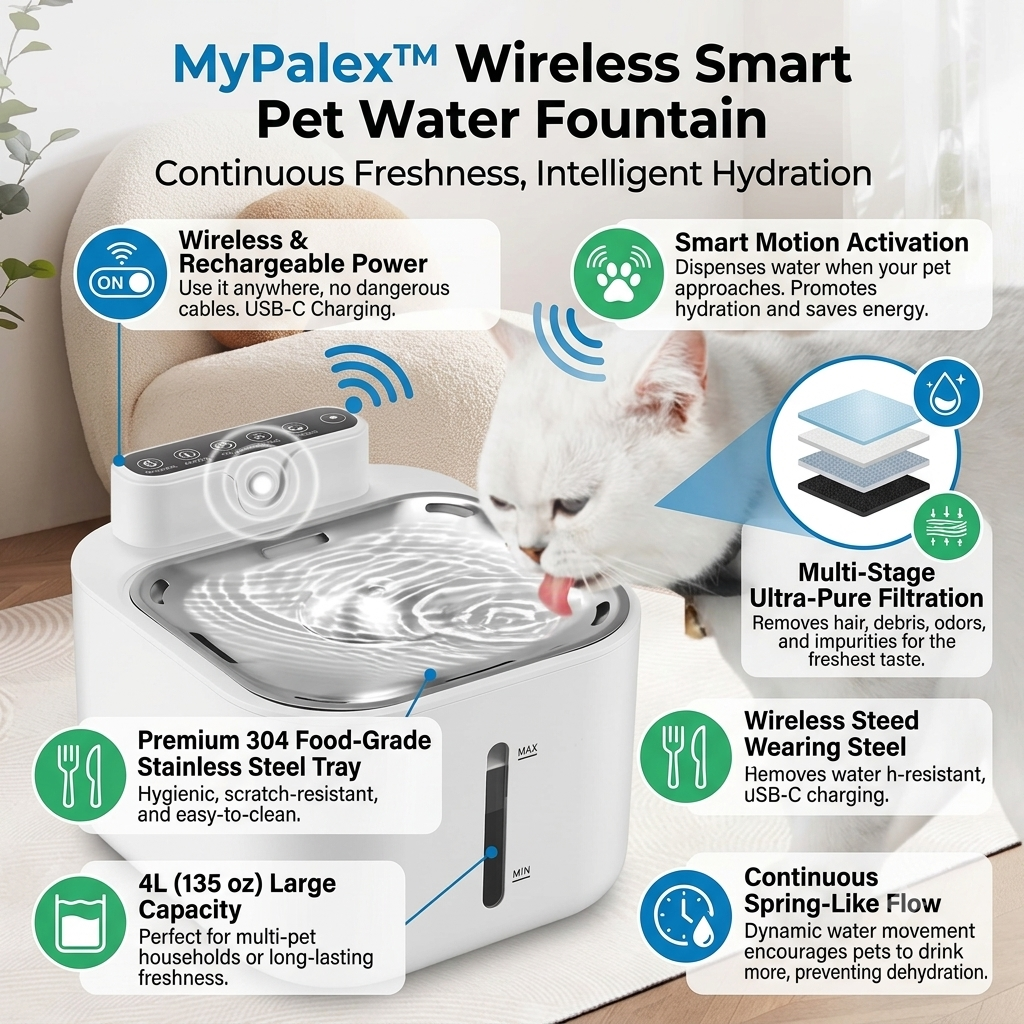 MyPalex™ PureFlow 4L Smart Wireless Pet Fountain – App Controlled & Heated Water Dispenser