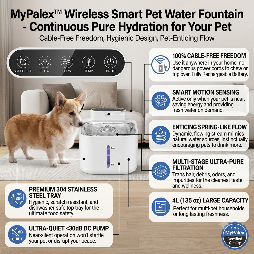 MyPalex™ PureFlow 4L Smart Wireless Pet Fountain – App Controlled & Heated Water Dispenser